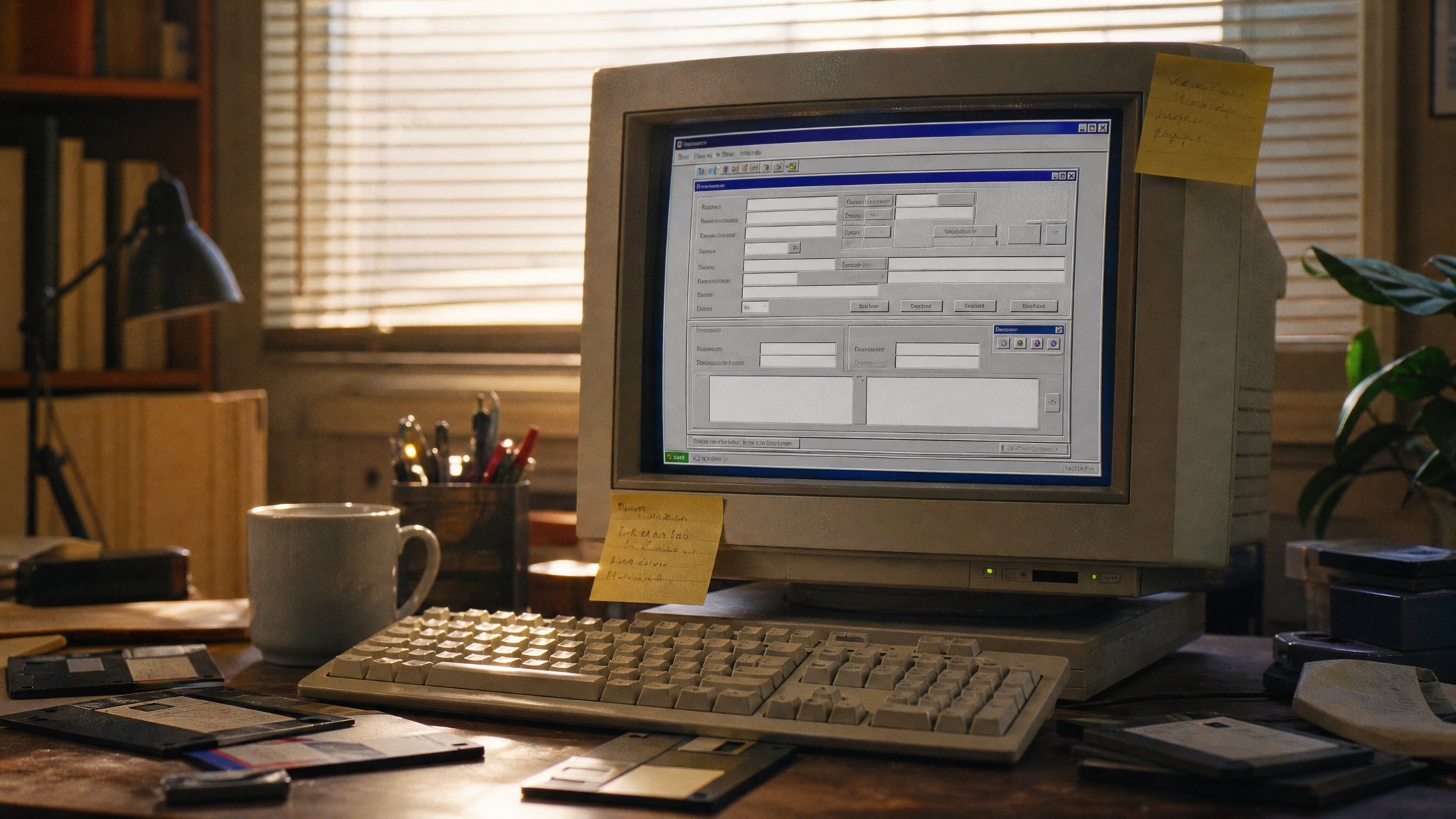A 1996 office desk with a beige CRT showing a VB form, floppy disks, coffee mug
