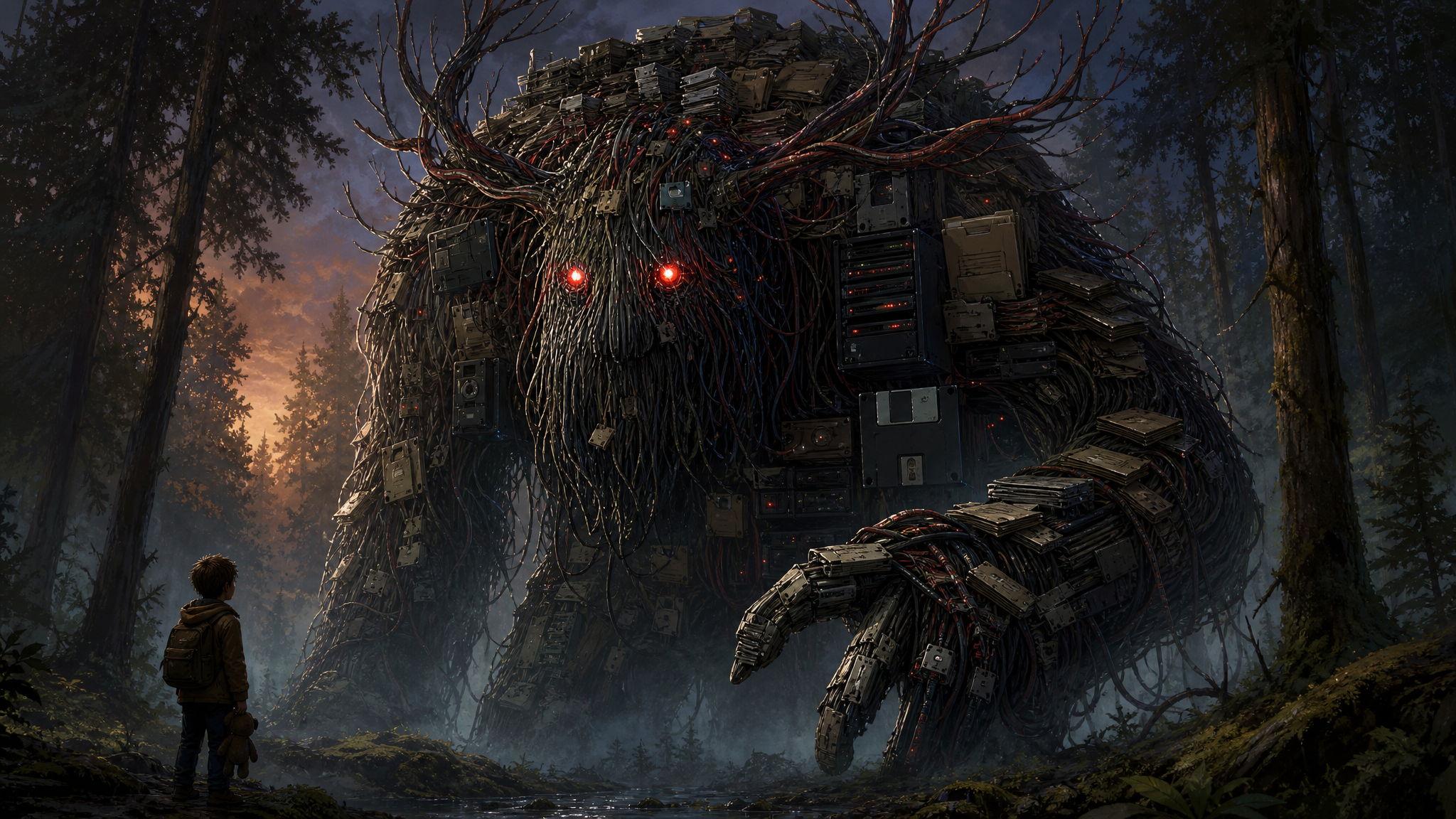 Forest at twilight with a Gruffalo-like creature made of old cables, ZIP files and server racks