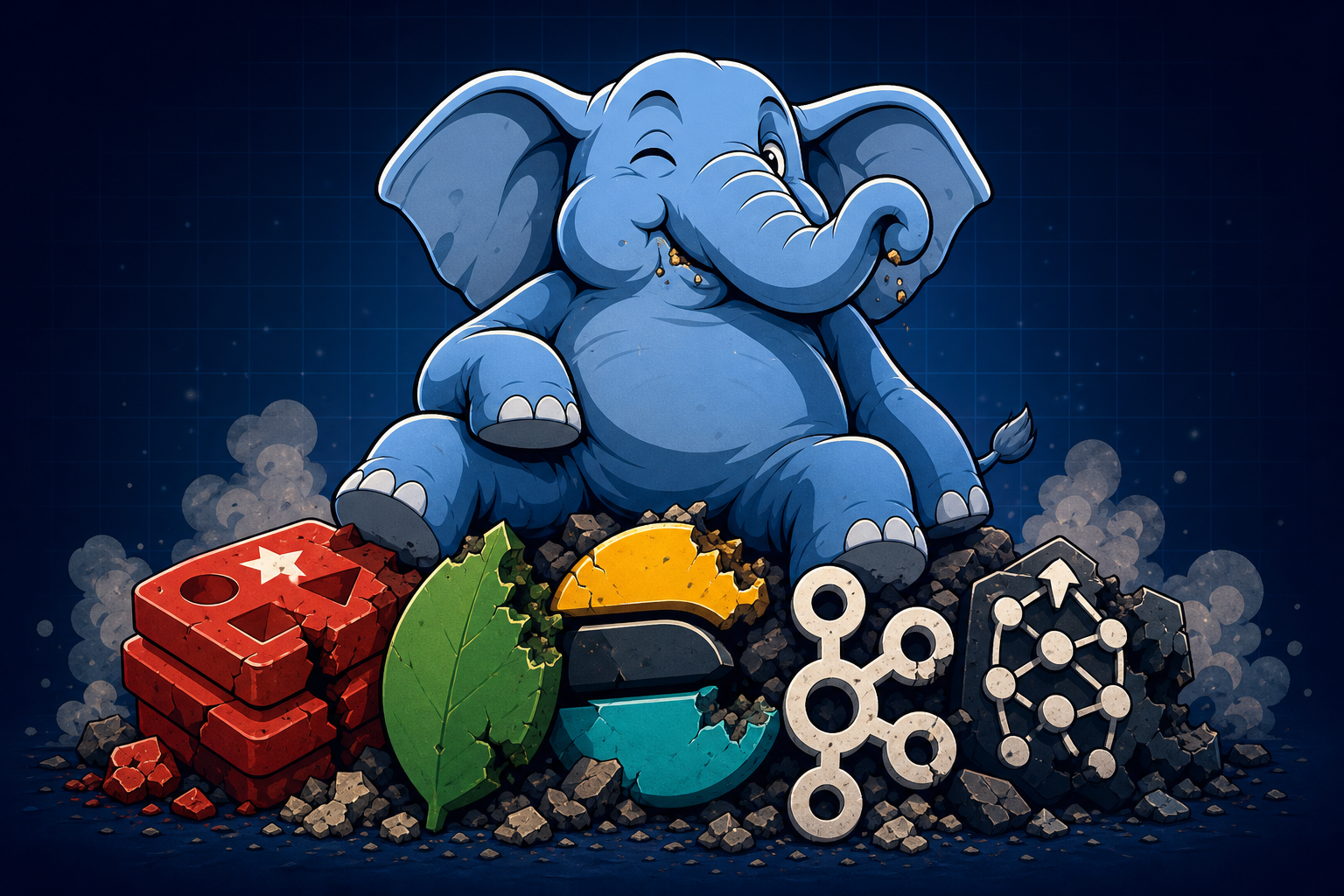 Postgres sitting on top of a pile of retired stack components