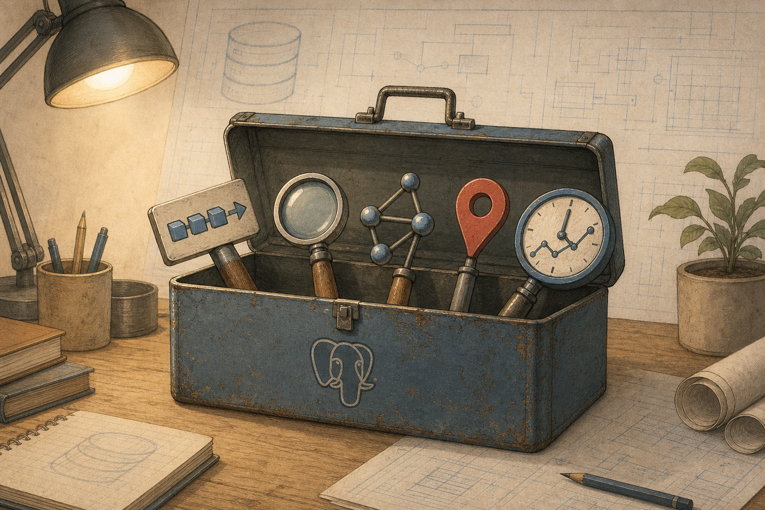 A toolbox labeled PostgreSQL with various database-shaped tools inside