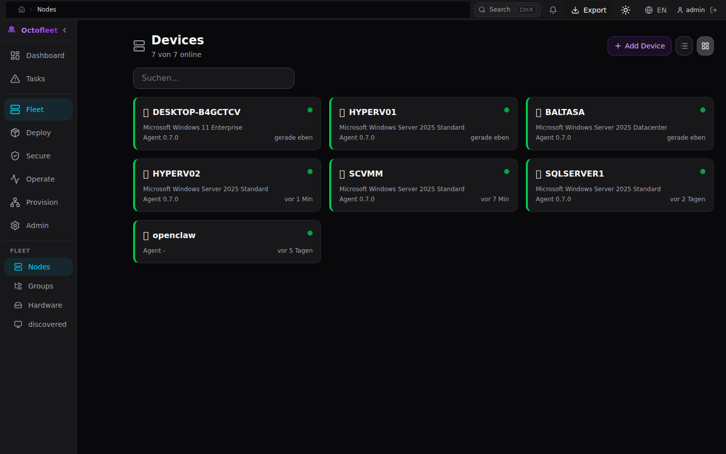 Fleet view showing 7 nodes